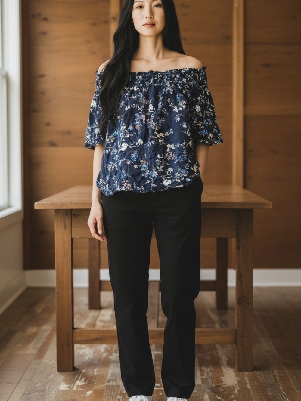 Papermoon Women’s M Floral Off Shoulder Blouse Navy Boho 100% Rayon Top - Picture 8 of 8